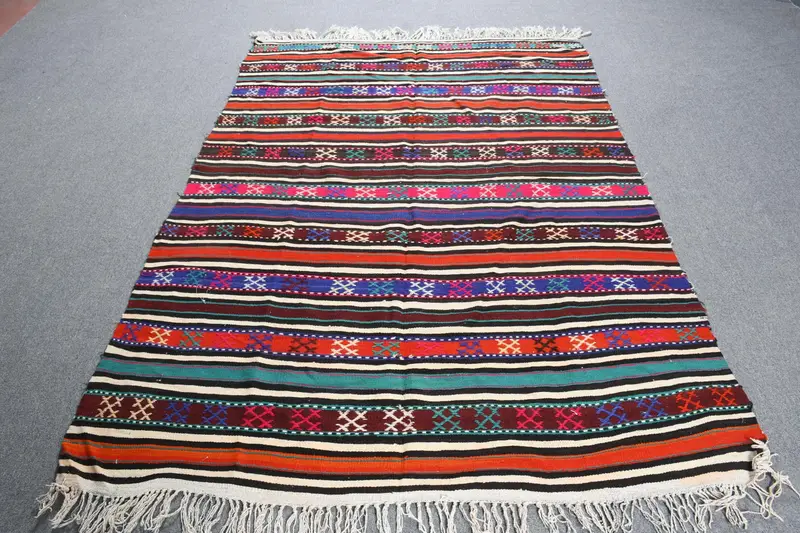 5.1x6.9 ft Rug, Turkish Vintage Rug, Red Blue Abstract Wool Rug - 1