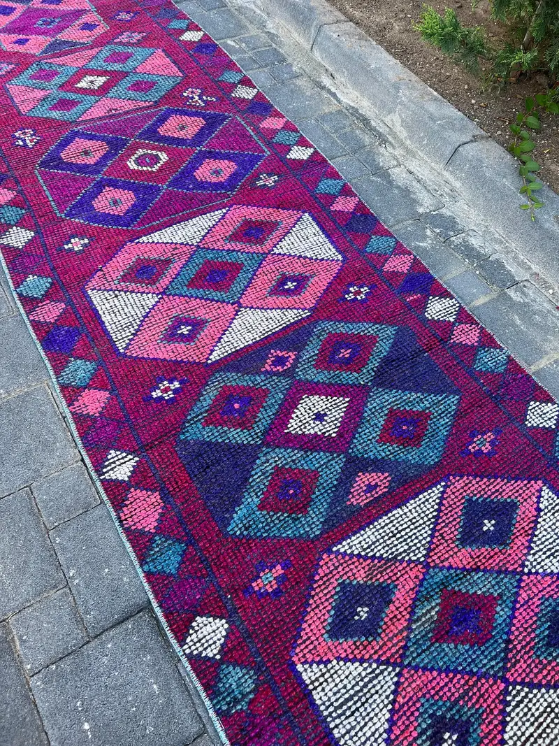 Türk Vintage Halısı, 2.9x11.2 ft Runner Halısı, Mor Herki Güneybatı Halısı - 1