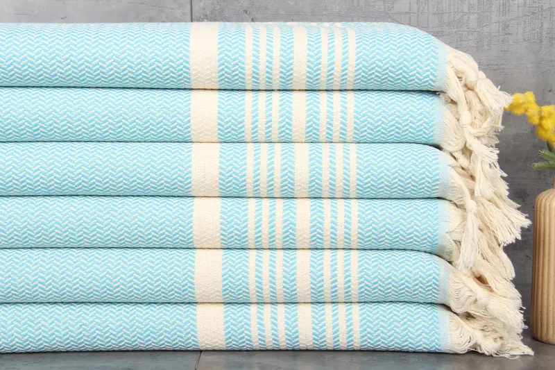 Tea Towel Monogram Turquoise Striped Organic Cotton Towel, 18x40 Inches
