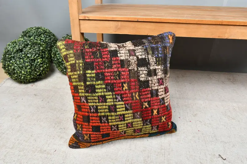 18x18 Red Cushion Cover, Pillow Cover, Kilim Cushion Sham, Turkish Kilim Pillow, Handmade Pillow Cover, Interior Designer Pillow - 7