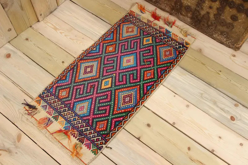 1.3x2.8 ft Vintage Türk Halısı, Küçük Halı, Oushak Mavi Yün Halı - 1