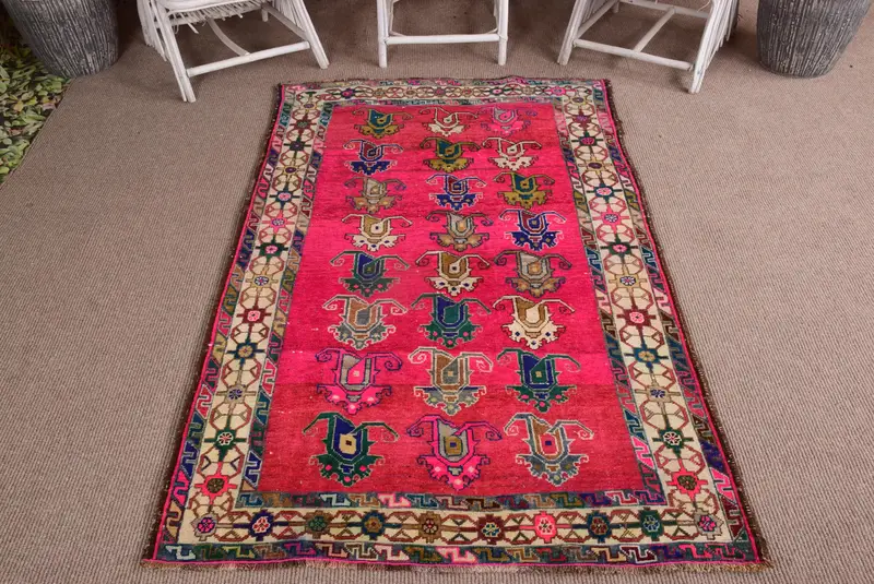 Oushak Türkischer Teppich, 4,2x7 ft Vintage Teppich, rot gestreifter Wollteppich - 1