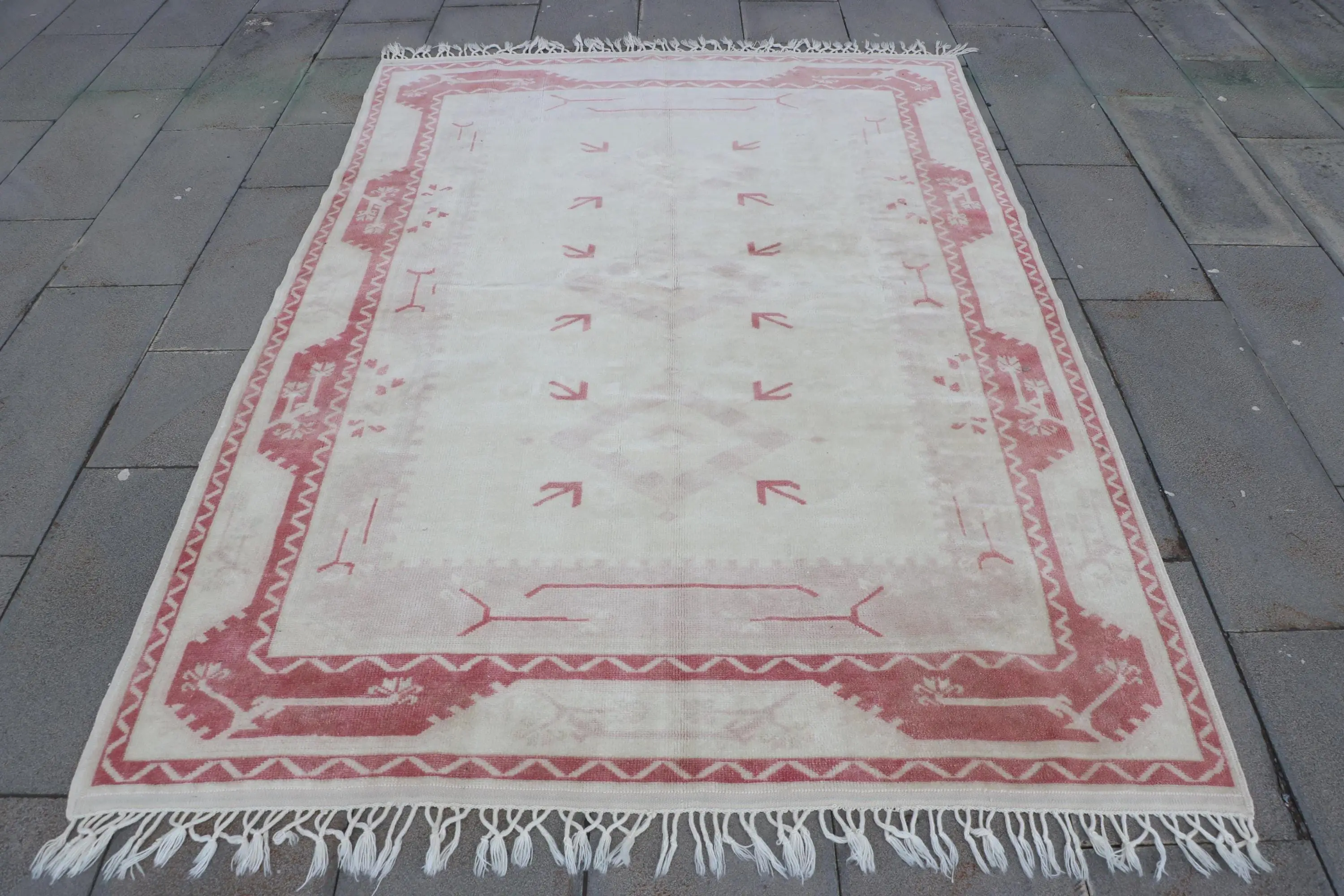 Vintage Türk Halısı, Alan 5.1x7.4 ft (156x225 cm) Halı, Beyaz Çiçekli Yün Halı - 1