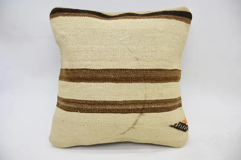 Turkish Beige Pillow, Gift 16x16 inch Pillow Case, Baby Shower Gift Striped Cushion Cover - 1