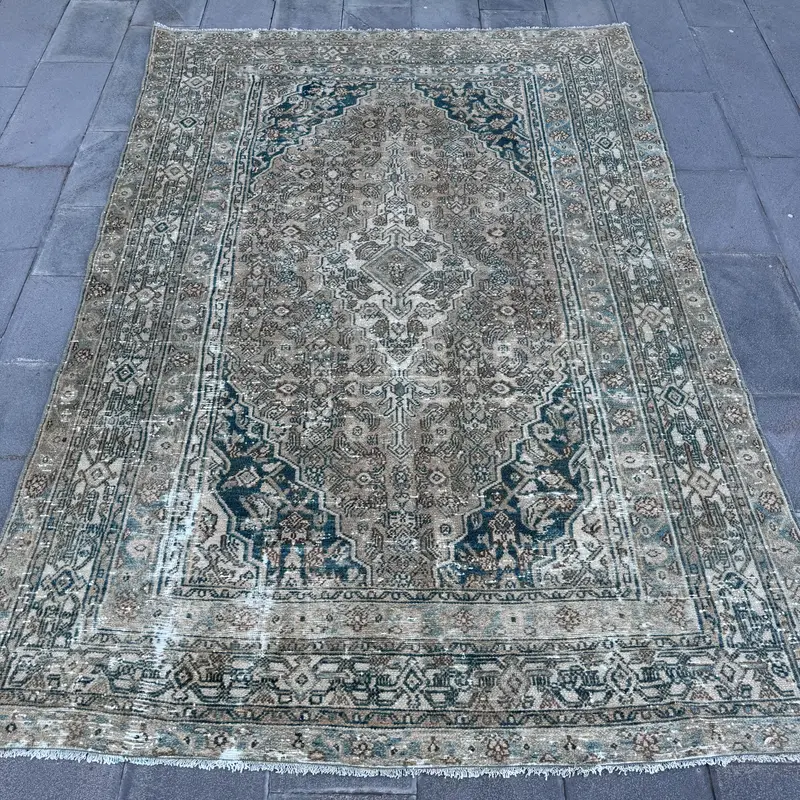 6.8x9.5 ft Vintage Rug, Oushak Rug, Blue Patchwork Rug Wool - 1