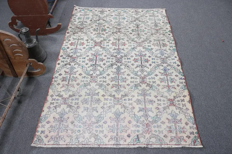 3.8x6.4 ft Turkish Area Rug, White Blue Vintage Striped Wool Rug - 1