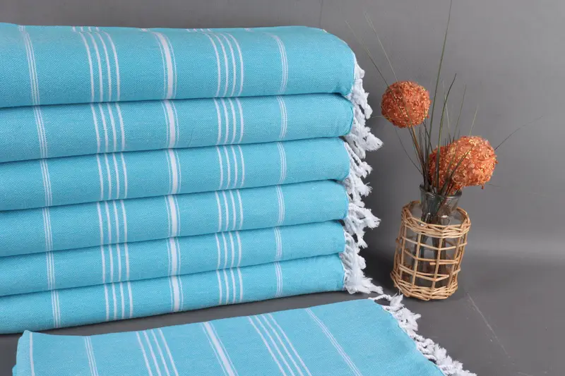 Organic Cotton Turkish Beach Towel Turquoise Striped, 40x71 Inches
