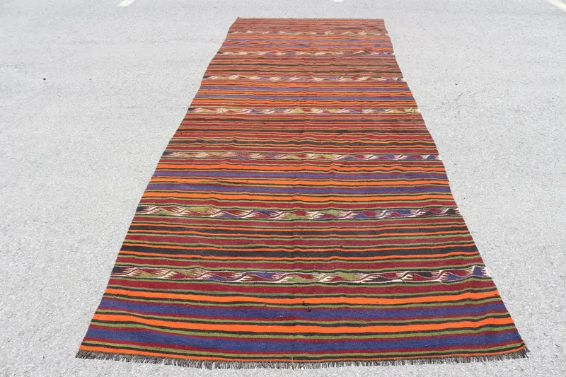 5.1x13.1 ft Türk Halısı, Vintage Runner Halısı, Mavi Kırmızı Güneybatı Halısı - 1