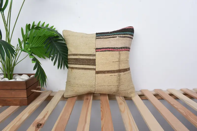 Antique Pillows, Decorative Bolster Pillow Case, Vintage Pillow, Cushion Cover, Interior Designer Pillow, 16x16 Beige Cushion Cover - 1