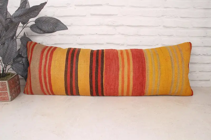 Accent Pillow Sham, Vintage Kilim Pillow, 12x36 Yellow Pillow, Floor Cushion Cover, Turkish Kilim Pillow, Pillow for Couch, Pillow Cover - 1