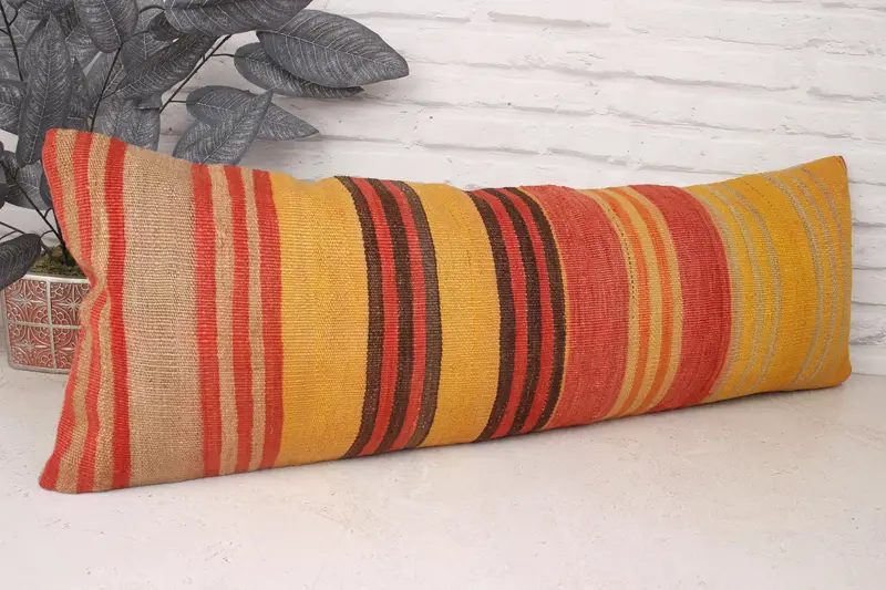 Accent Pillow Sham, Vintage Kilim Pillow, 12x36 Yellow Pillow, Floor Cushion Cover, Turkish Kilim Pillow, Pillow for Couch, Pillow Cover - 3