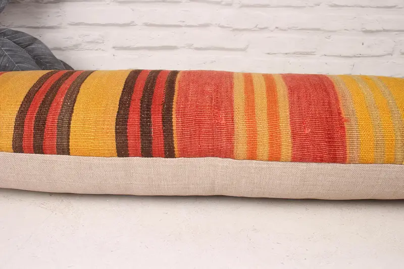 Accent Pillow Sham, Vintage Kilim Pillow, 12x36 Yellow Pillow, Floor Cushion Cover, Turkish Kilim Pillow, Pillow for Couch, Pillow Cover - 5
