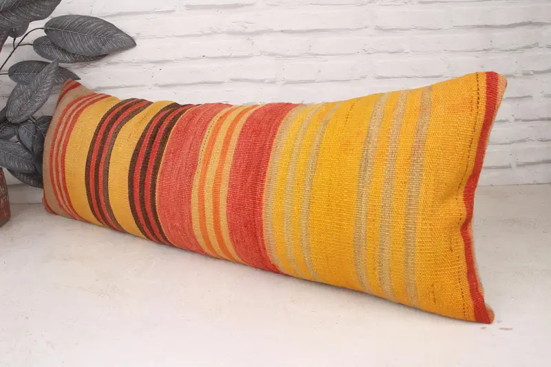 Accent Pillow Sham, Vintage Kilim Pillow, 12x36 Yellow Pillow, Floor Cushion Cover, Turkish Kilim Pillow, Pillow for Couch, Pillow Cover - 4