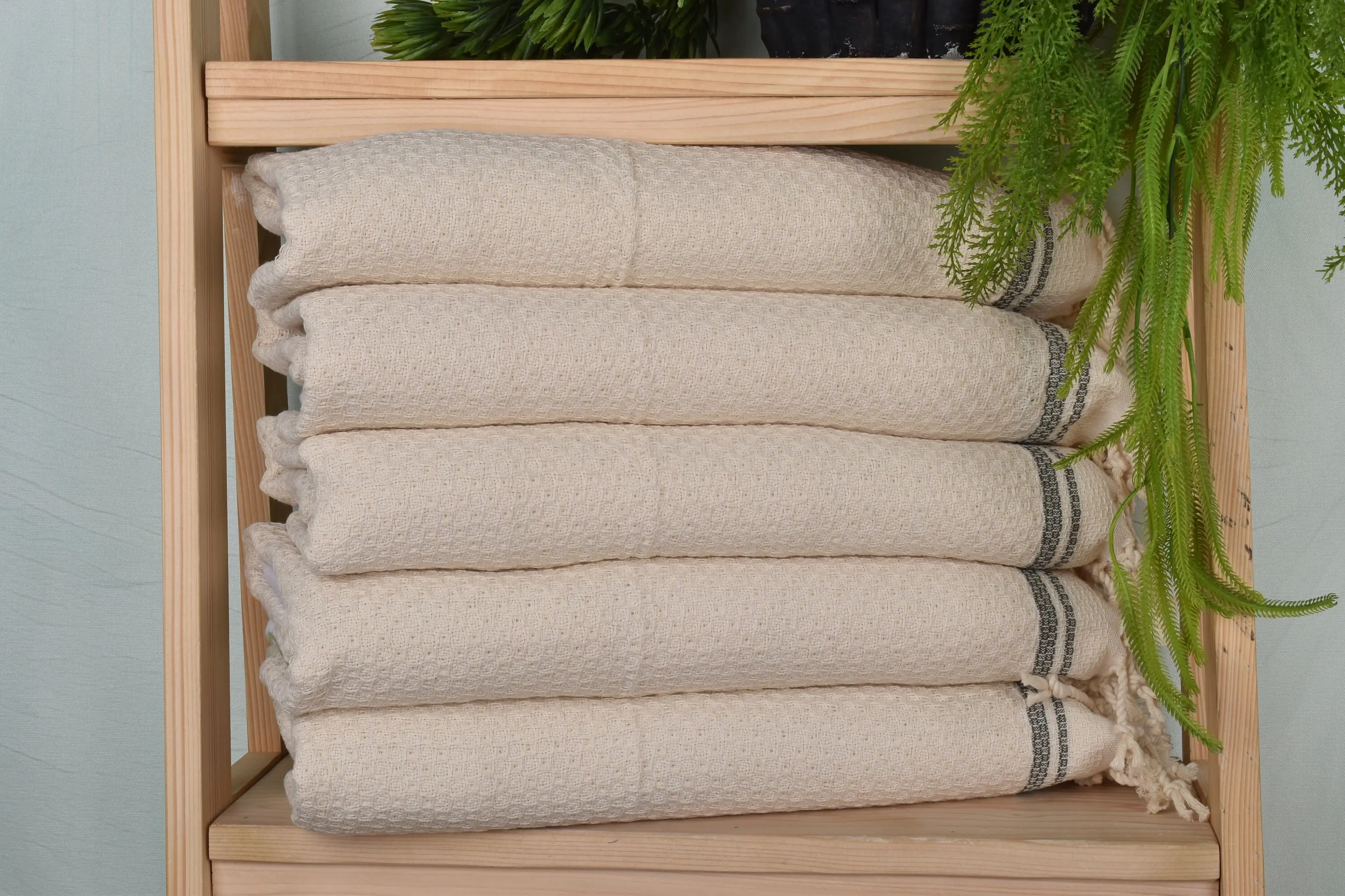 Turkish Hand Towel Khaki Green Striped, Cotton, 38x18 Inches - 1