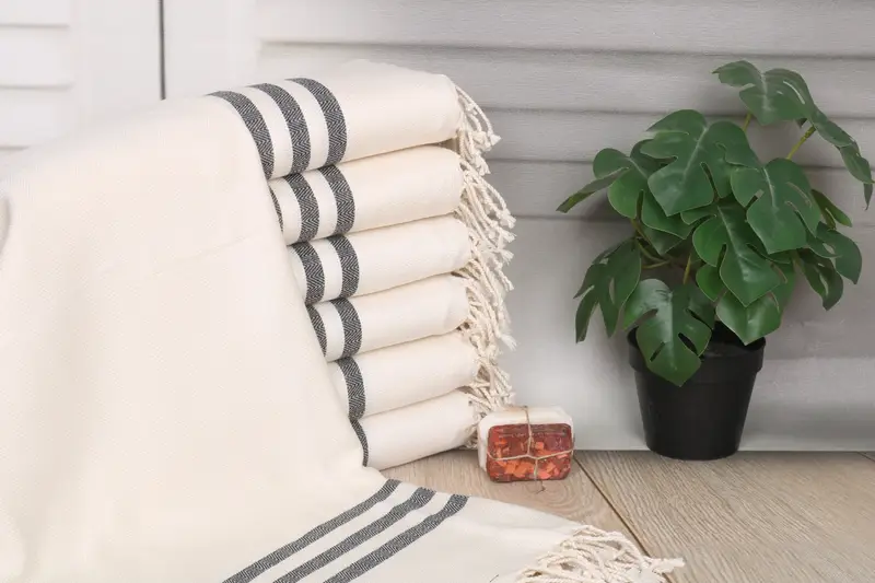 Striped Turkish Cotton Beach Towel Black Beige, Organic 40x71 Inches