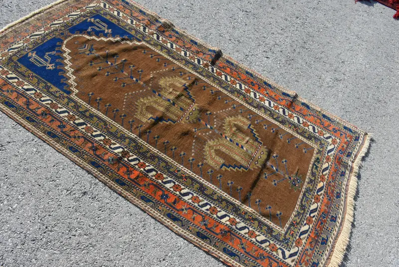 Vintage Rug, Accent 3.5x6.2 ft Turkish Rug, Brown Check Wool Rug