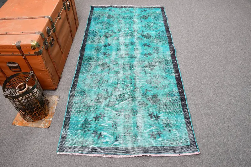 Türk 3.1x6.3 ft Halı, Oushak Vintage Halı, Mavi Kareli Yün Halı - 1