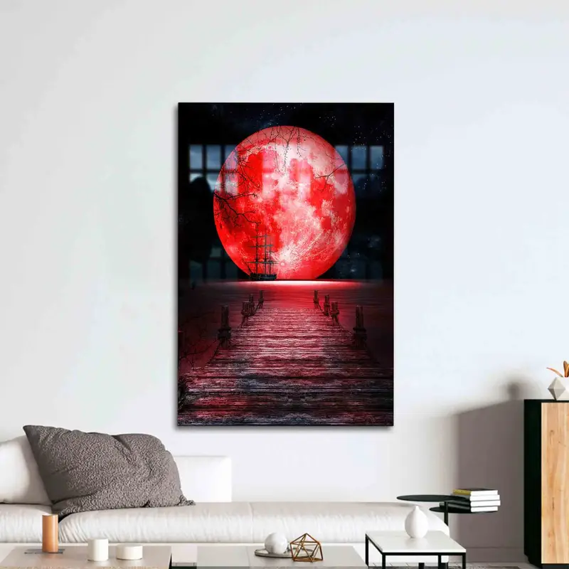 Zarif Baskılı Cam: Büyük Kırmızı Aylı Deniz Manzarası