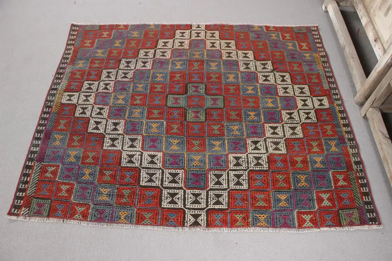 Red & Purple Rug, 4,8x3,9 ft Striped Geometric Design