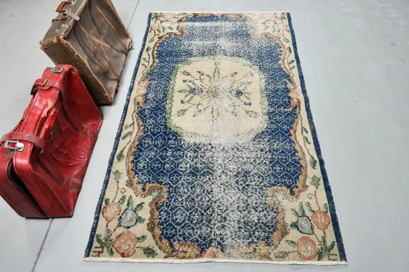 Türk Bölge Halısı 3.6x6.8 ft, Mavi Oryantal Vintage Yün Halı - 1