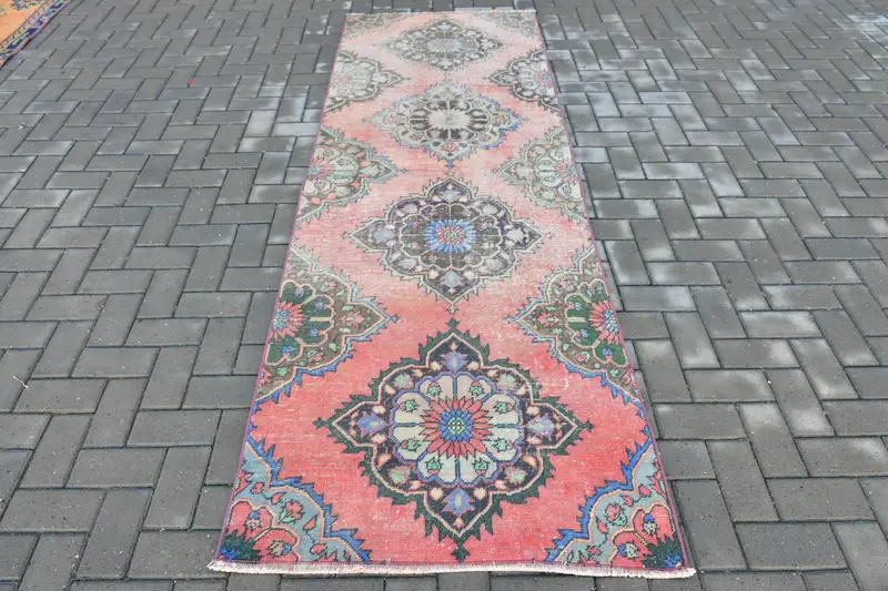 Alfombra Vintage Runner, alfombra turca de 3,1x9,1 pies, alfombra de lana Oushak roja - 1