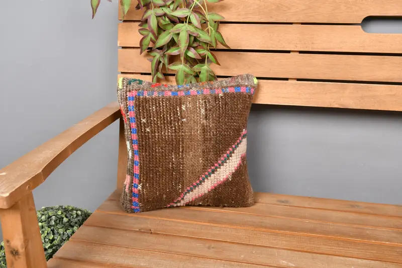 Turkish Pillow, Ethnic Pillow Cover Cushion, Boho Pillow Sham Cover, 12x12 Brown Cushion Case, Cushion Case, Sustainable Pillow Sham, Vintage Pillow - 1