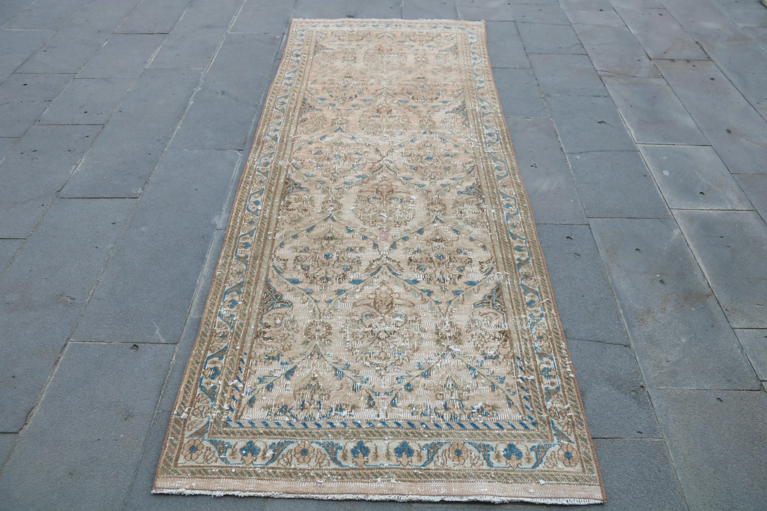 Vintage Rug, Runner 3.3x8.9 ft Turkish Rug, Brown Ikat Wool Rug - 1