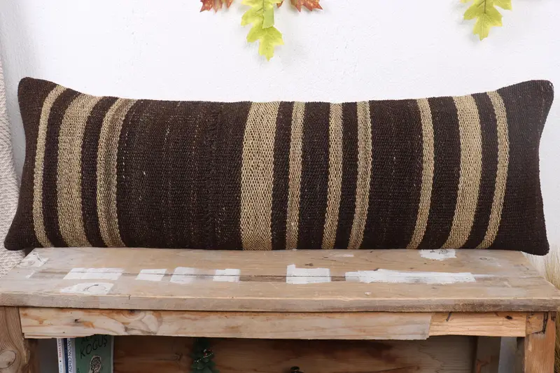 Cushion, 12x36 Brown Pillow Sham, Turkish Kilim Pillow, Interior Designer Pillow, Handmade Kilim Cushion, Bench Pillow Cover - 2