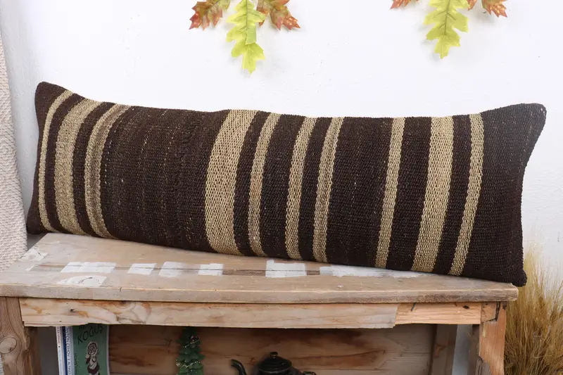 Cushion, 12x36 Brown Pillow Sham, Turkish Kilim Pillow, Interior Designer Pillow, Handmade Kilim Cushion, Bench Pillow Cover - 4