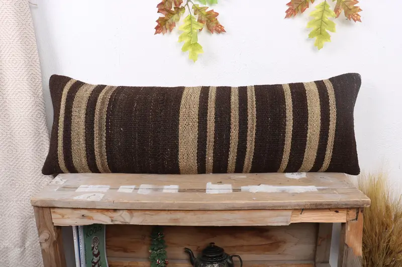 Cushion, 12x36 Brown Pillow Sham, Turkish Kilim Pillow, Interior Designer Pillow, Handmade Kilim Cushion, Bench Pillow Cover - 1