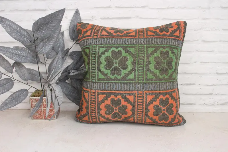 Antique Pillows, Kilim Cushion Sham, Kilim Pillow, Pillow, Nautical Throw Cushion, Luxury Cushion Case, Retro Pillow Case, 20x20 Green Pillow Sham - 1