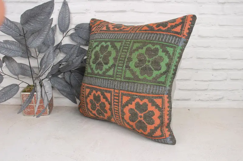 Antique Pillows, Kilim Cushion Sham, Kilim Pillow, Pillow, Nautical Throw Cushion, Luxury Cushion Case, Retro Pillow Case, 20x20 Green Pillow Sham - 4