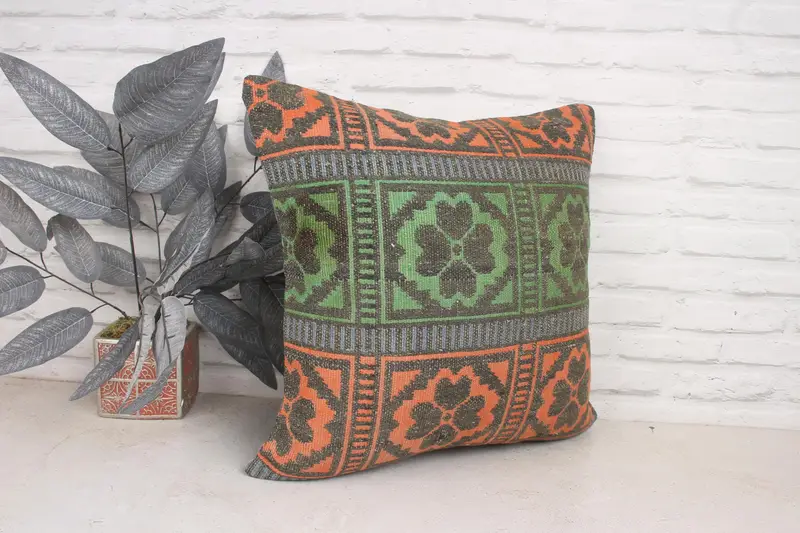 Antique Pillows, Kilim Cushion Sham, Kilim Pillow, Pillow, Nautical Throw Cushion, Luxury Cushion Case, Retro Pillow Case, 20x20 Green Pillow Sham - 3