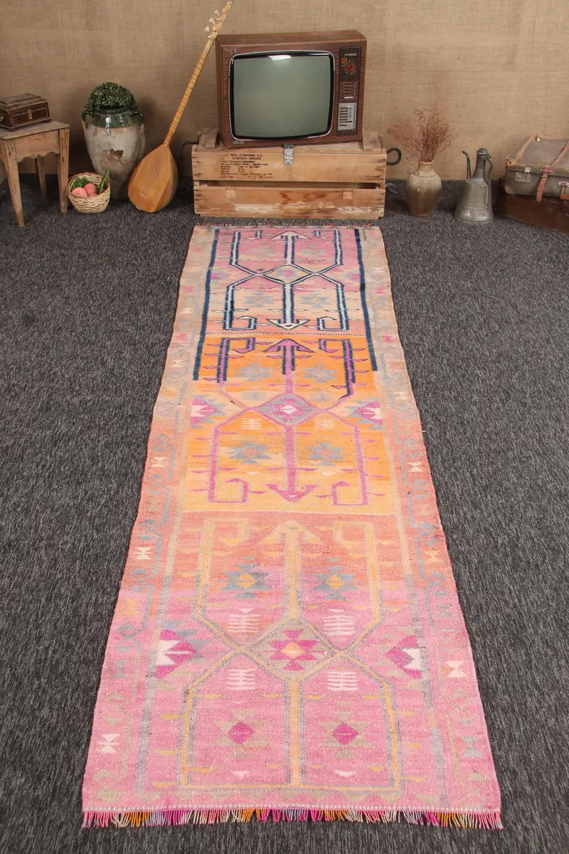 Vintage 3x10.9 ft Runner Rug, Turkish Rug, Herki Pink Oriental Rug - 1