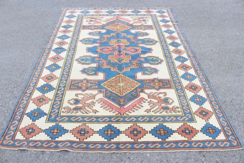 Vintage Turkish Large Rug 5.9x8 ft, Oushak Blue Wool Rug - 1