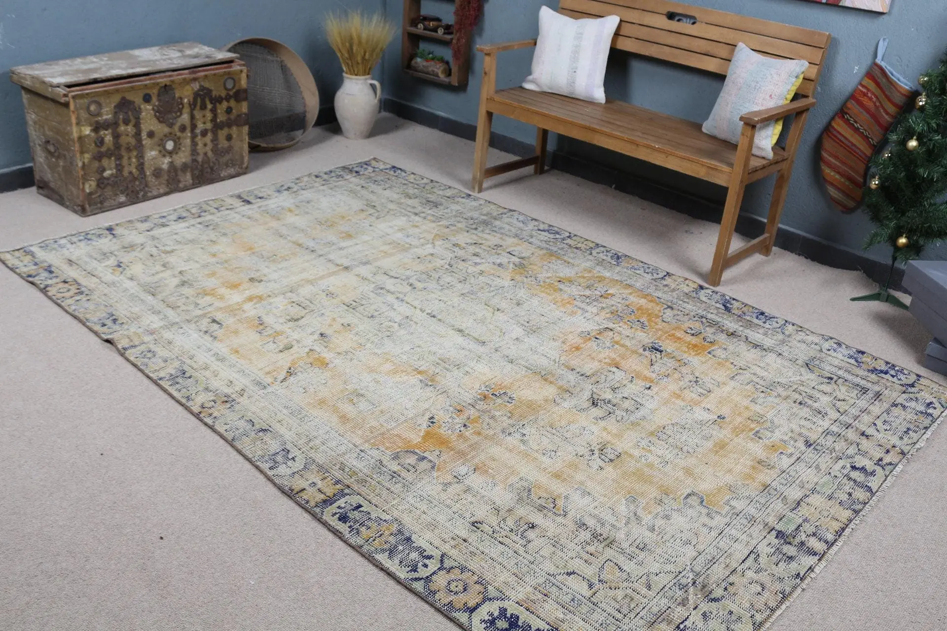 5.9x8.9 ft Vintage Halı, Türk Büyük Halı, Mavi Ombré Yün Halı - 1
