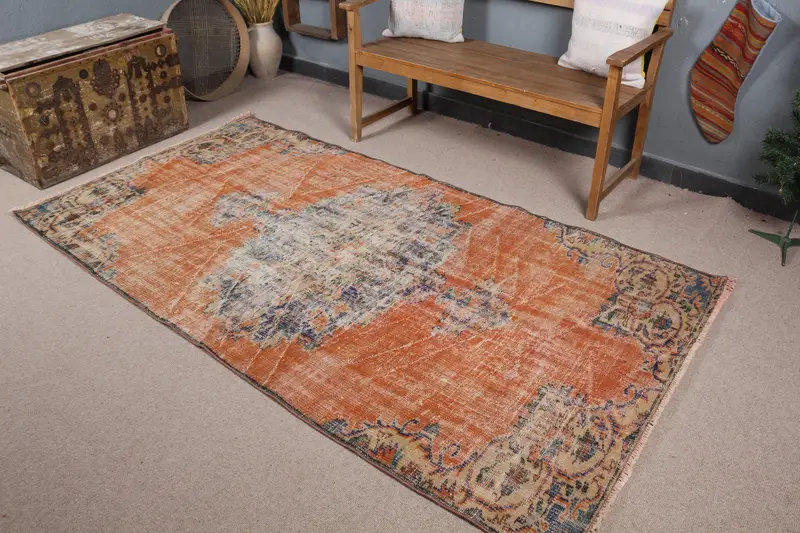 Canlı Turuncu ve Mavi Halı, 4,2x8 ft Botanik Tasarım