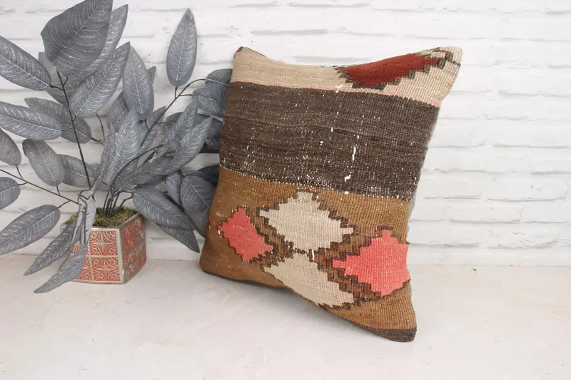 Pillow Case, 18x18 Brown Cushion Cover, Accent Cushion Case, Throw Kilim Pillow, Sofa Bolster Pillow, Ethnical Kilim Rug Pillow, Pillow for Couch - 4