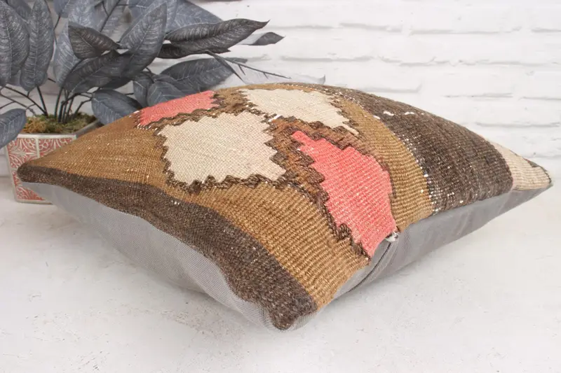 Pillow Case, 18x18 Brown Cushion Cover, Accent Cushion Case, Throw Kilim Pillow, Sofa Bolster Pillow, Ethnical Kilim Rug Pillow, Pillow for Couch - 6