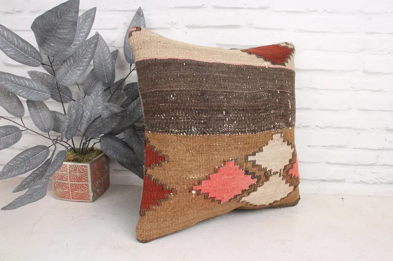 Pillow Case, 18x18 Brown Cushion Cover, Accent Cushion Case, Throw Kilim Pillow, Sofa Bolster Pillow, Ethnical Kilim Rug Pillow, Pillow for Couch - 3
