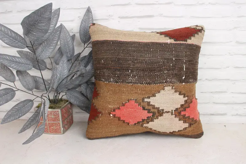 Pillow Case, 18x18 Brown Cushion Cover, Accent Cushion Case, Throw Kilim Pillow, Sofa Bolster Pillow, Ethnical Kilim Rug Pillow, Pillow for Couch - 1