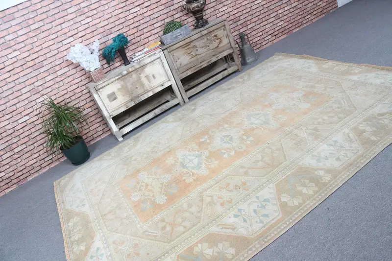6.6x9.2 ft Turkish Rug, Oushak Rug, Brown Floral Rug Wool - 1