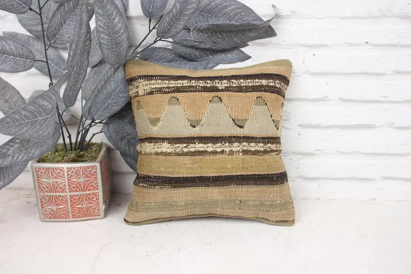 12x12 Beige Pillow Case, Ethnical Kilim Rug Pillow, Vintage Kilim Pillow, Cushion Cover, Kilim Pillow Cover, Vintage Kilim Pillow Pillow Sham - 1