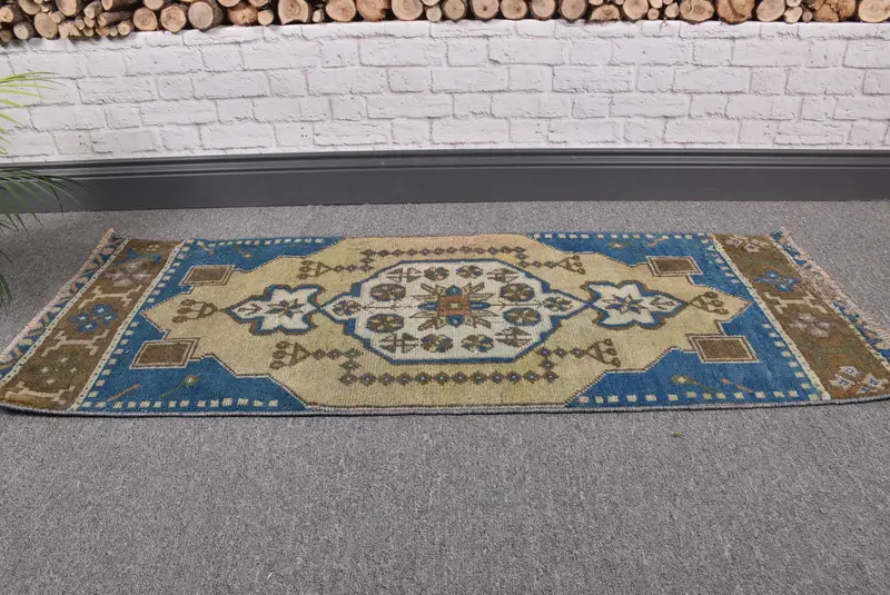 Türkischer Vintage Teppich, 1,5x3,8 ft kleiner Teppich, blau brauner massiver Teppich - 1