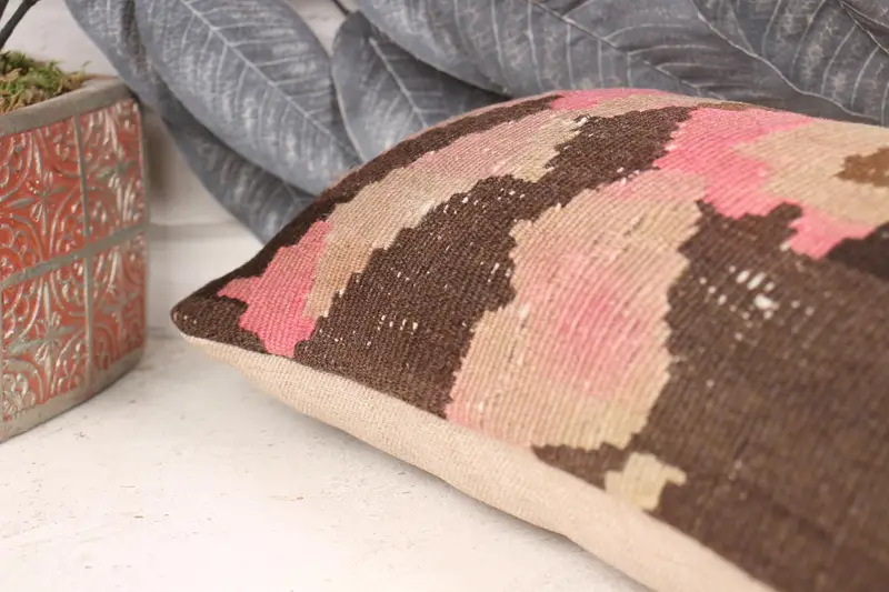 Natural Pillow Sham, Cushion, Home Decor Pillow, Ikat Cushion, Chair Pillow, Ethnical Kilim Rug Pillow, Vintage Pillow, 8x16 Pink Cushion - 7