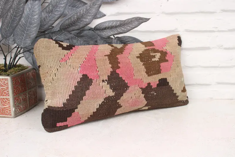 Natural Pillow Sham, Cushion, Home Decor Pillow, Ikat Cushion, Chair Pillow, Ethnical Kilim Rug Pillow, Vintage Pillow, 8x16 Pink Cushion - 3