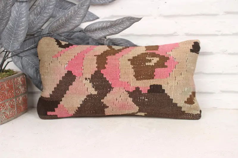 Natural Pillow Sham, Cushion, Home Decor Pillow, Ikat Cushion, Chair Pillow, Ethnical Kilim Rug Pillow, Vintage Pillow, 8x16 Pink Cushion - 1