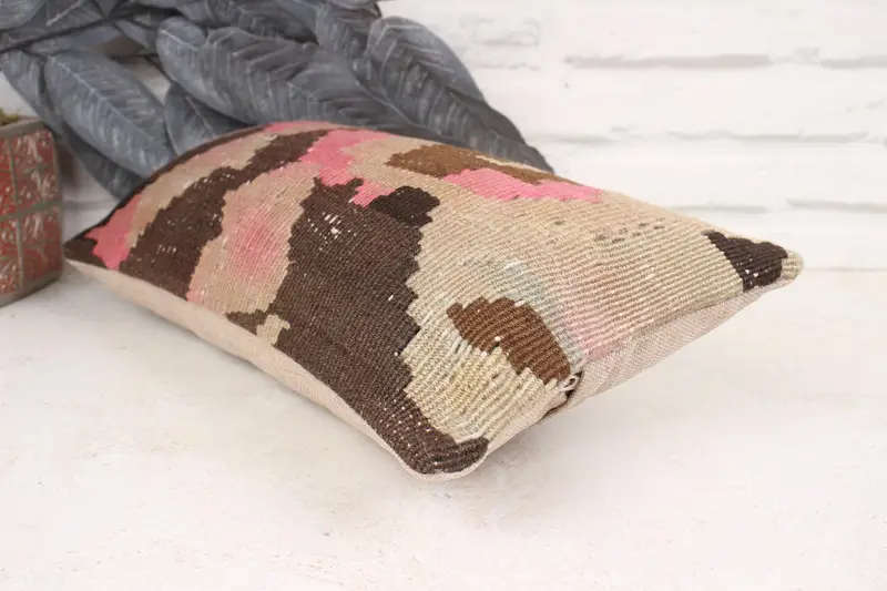 Natural Pillow Sham, Cushion, Home Decor Pillow, Ikat Cushion, Chair Pillow, Ethnical Kilim Rug Pillow, Vintage Pillow, 8x16 Pink Cushion - 6