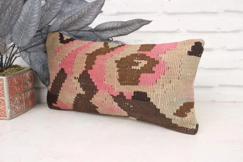 Natural Pillow Sham, Cushion, Home Decor Pillow, Ikat Cushion, Chair Pillow, Ethnical Kilim Rug Pillow, Vintage Pillow, 8x16 Pink Cushion - 4