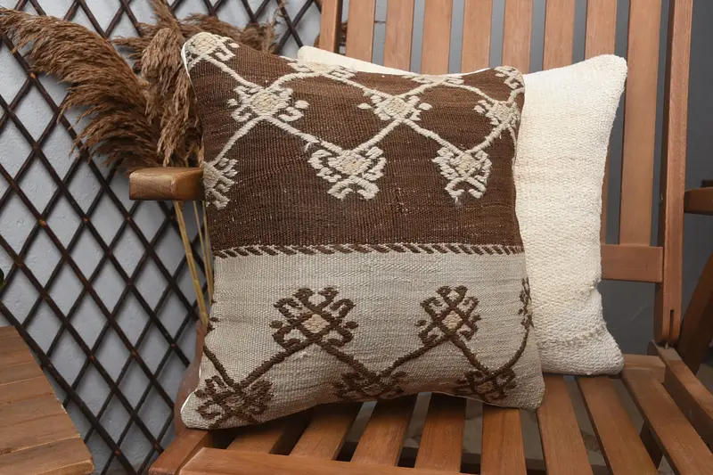 Handmade Kilim Cushion, 14x14 Brown Pillow Sham, Traditional Pillow Sham, Gift Pillow, Ikat Cushion Case, Kilim Pillow Cover, Cushion Case - 2